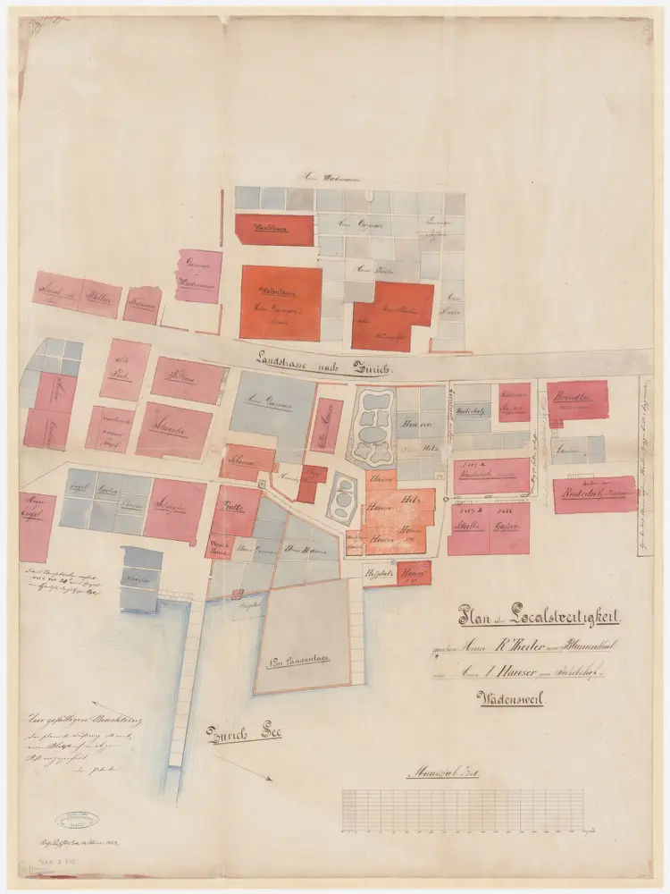 Wädenswil: Landstrasse nach Zürich beim R. Theiler gehörenden Blumenthal und beim J. Hauser gehörenden Jakobshof; Situationsplan