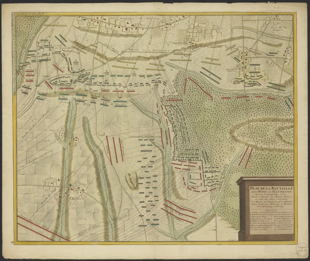 Plan de la battaille entre Mons et Maubeuge donnée le 11 septembre 1709 entre l'armée des Hauts Alliez et celle des deux Couronnes a 7 heures du matin jusqu'a 4 heures apres midy que l'ennemy se retira vers Maubeuge et Bavay