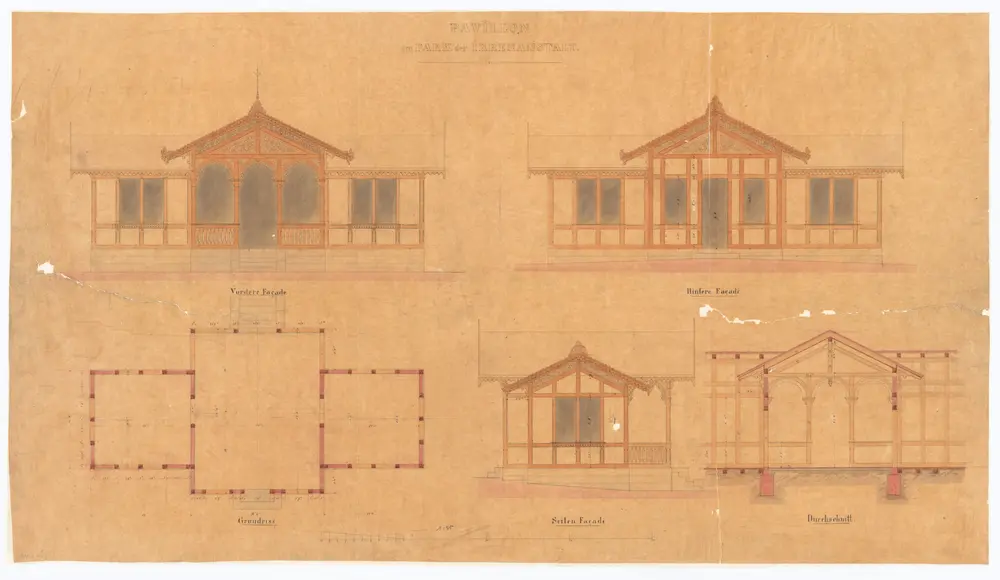 Irrenanstalt Burghölzli, Pavillon im Park: Ansichten, Grundriss und Schnitt