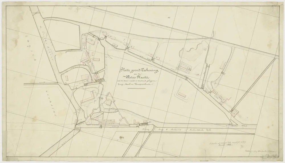 "Plattegrondteekening van de waterplaats met de daar naaast en omtrent gelegene zaag-, maal- en kruijdmoolens" te Batavia.