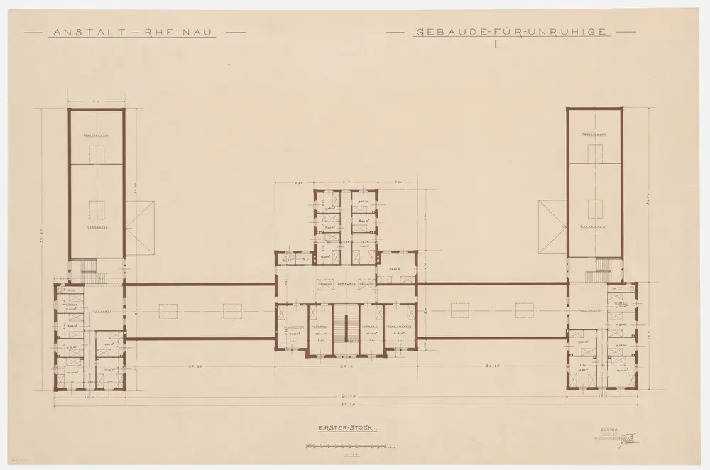 Pflegeanstalt Neu-Rheinau: Gebäude L für Unruhige, 1. Stock; Grundriss