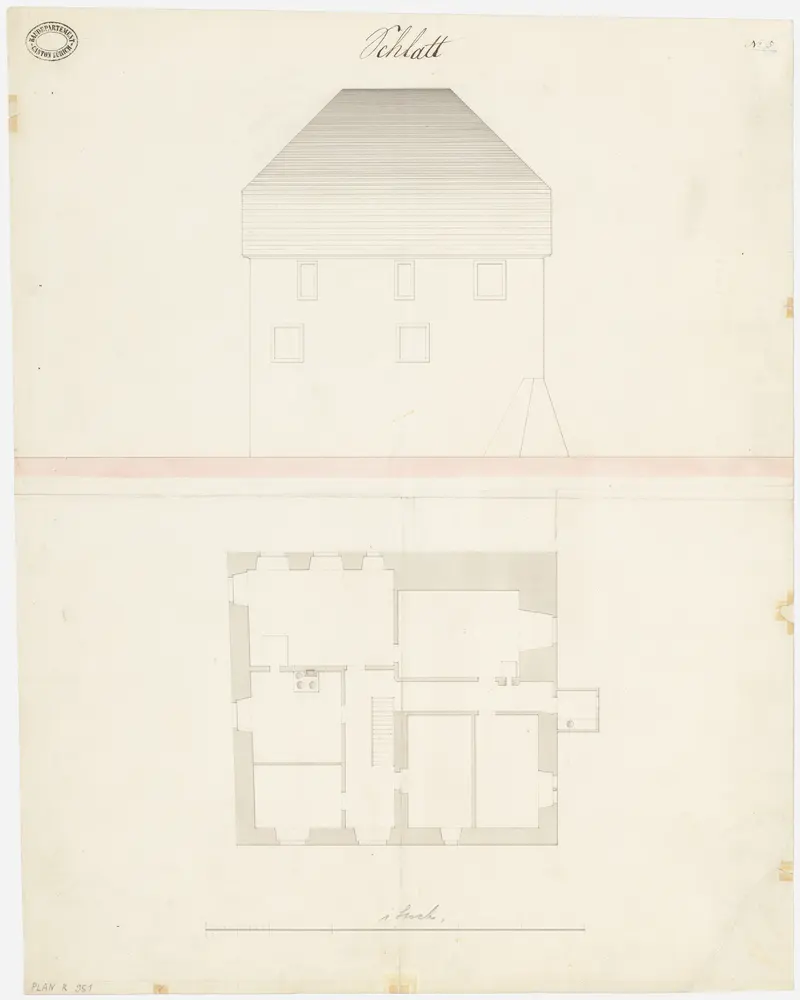 Schlatt: Pfarrhaus; Grundriss des 1. Stocks und Ansicht (Nr. 5)