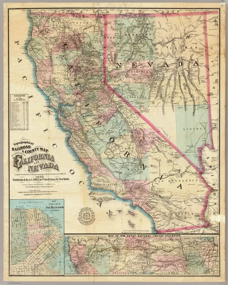 Topographical Railroad & County Map Of The States Of California And Nevada.