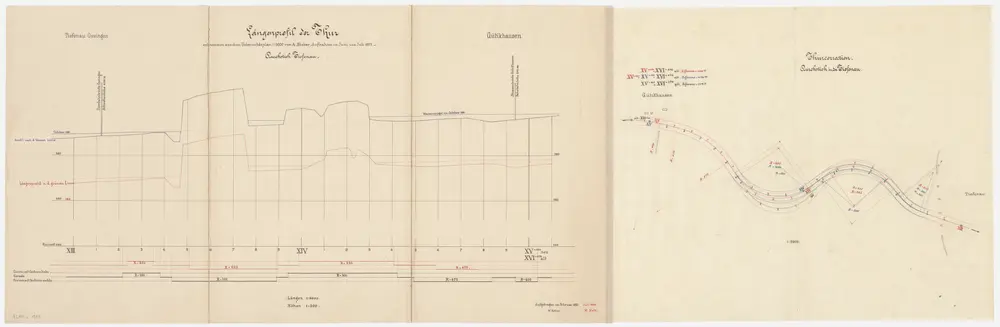 Thalheim an der Thur, Adlikon, Ossingen: Thur in der Tüfenau, projektierter Durchstich; Situationsplan und Längsprofil (Thur-Gebiet Nr. 8)