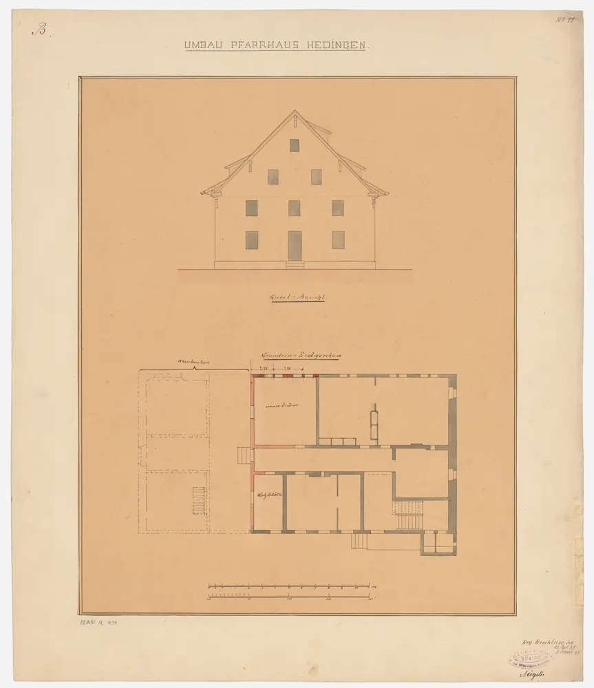 Hedingen: Pfarrhaus, projektierter Umbau; Ansicht und Grundriss des Erdgeschosses (Nr. 11)