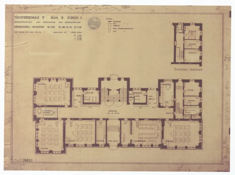 Töchterschule V Bühl B, Zürich-Wiedikon: Neueinrichtung und Renovation von Spezialräumen: Erdgeschoss und Zwischengeschoss; Grundriss