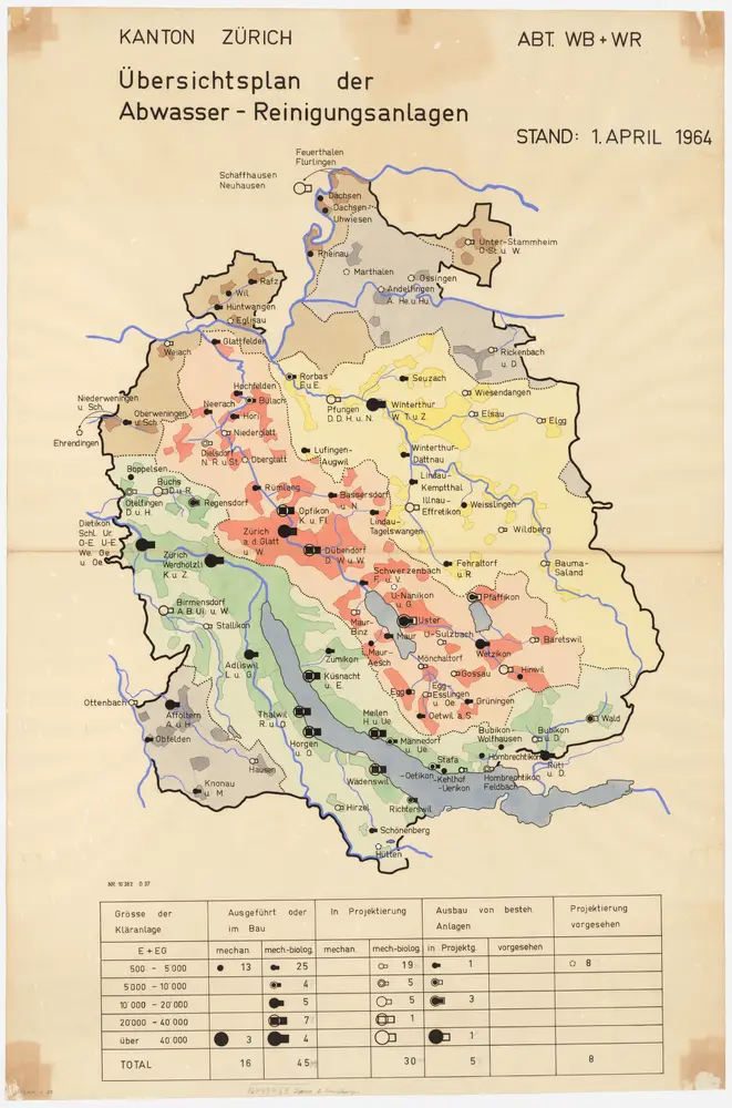 Kanton Zürich: Bestehende und projektierte Abwasserreinigungsanlagen, Zustand 01.04.1964; Übersichtskarte