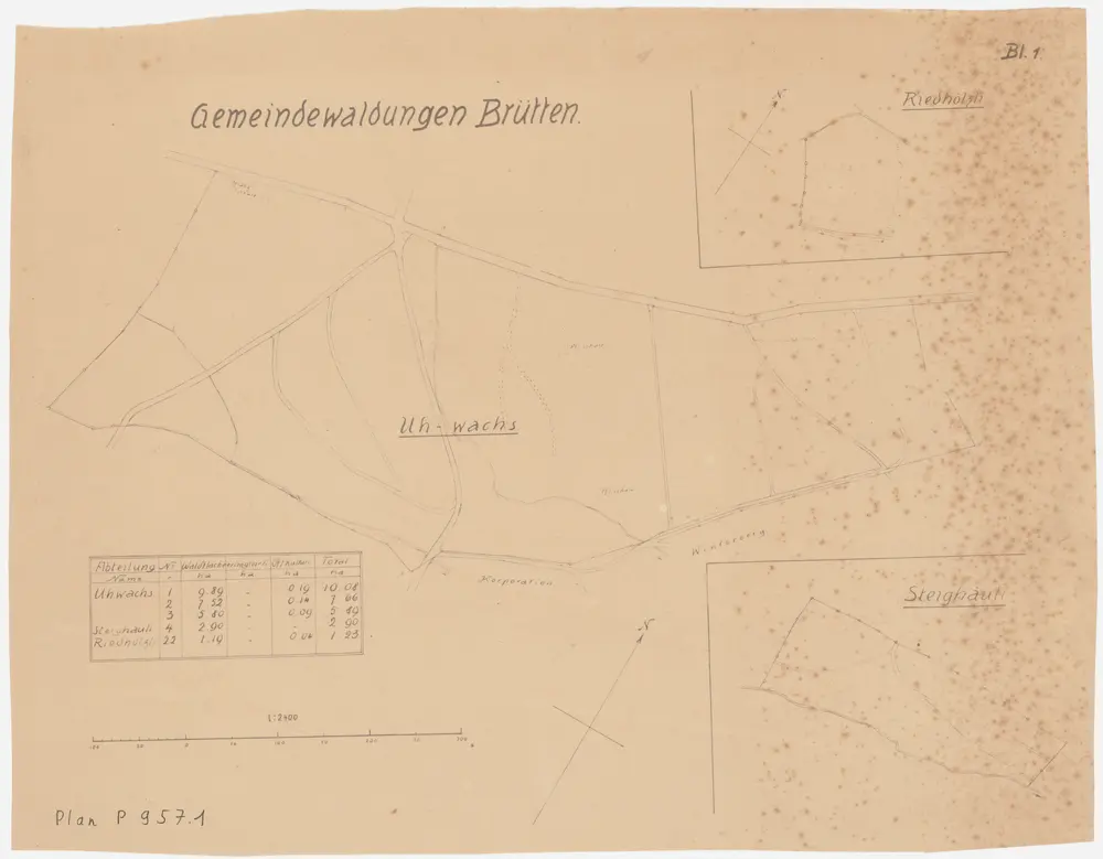 Brütten: Gemeindewaldungen: Uewachs (Uhwachs), Steighäuli, Riedhölzli; Grundrisse (Blatt 1)