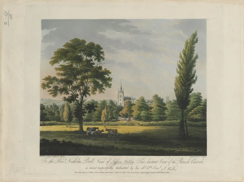 Distant View of the Parochial Church of Saffron-Walden, by J. Wallis; engraved by Sarjent.