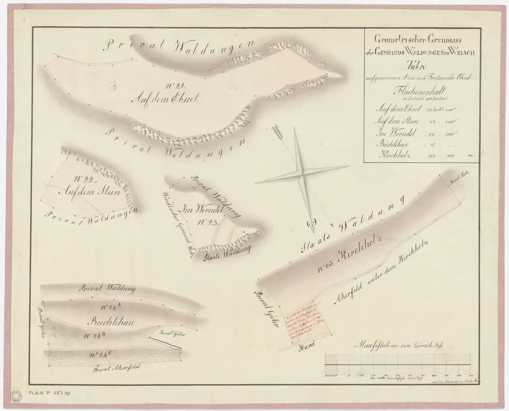 Weiach: Gemeindewaldung: Ebnet, Stein (Auf dem Stein), Wörndel, Büechlihau (Büchlihau), Chilenholz (Kirchholz); Grundrisse (Tab. IV)