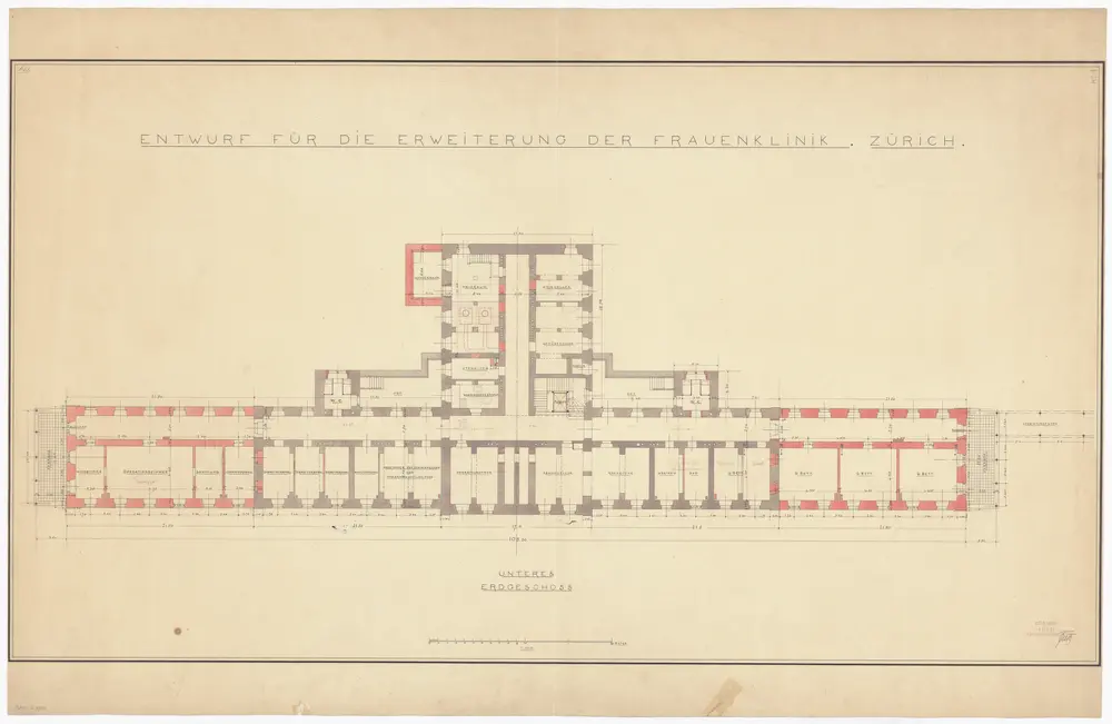Frauenklinik Zürich: Entwurf für die Erweiterung, unteres Erdgeschoss; Grundriss