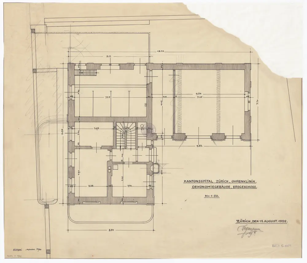 Kantonsspital, Ohrenklinik, Oekonomiegebäude, Haldenbachstrasse 14: Erdgeschoss; Grundriss