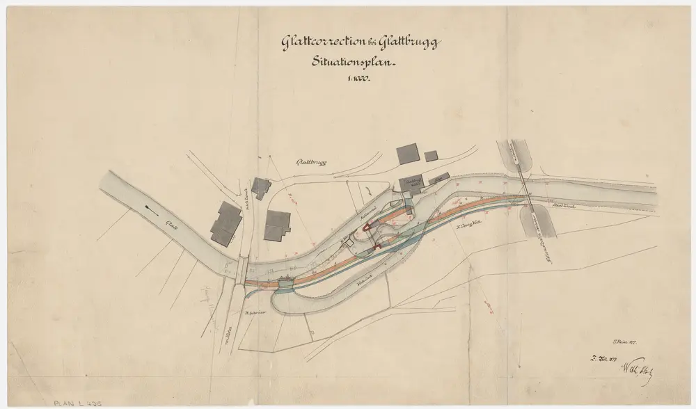 Opfikon: Brücke in Glattbrugg bis zur Eisenbahnbrücke in Glattbrugg, Glattkorrektion, Dammbauvariante, 1877/1878 ausgeführtes Projekt; Situationsplan