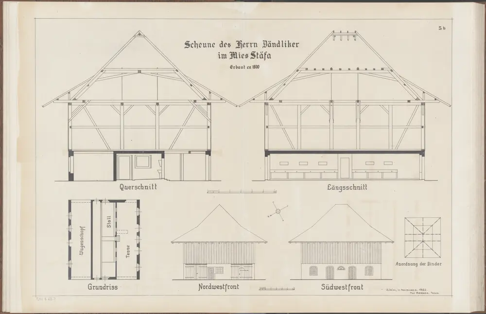 Das Bauernhaus im Kanton Zürich: Stäfa: 1800 erbaute Scheune von Herrn Dändliker im Mies; Ansichten, Grundriss und Querschnitt (Nr. 5 b)