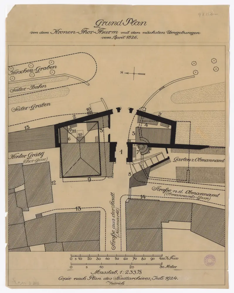 Kronentor samt Umgebung, Ecke Neumarkt und Seilergraben im April 1836: Situationsplan