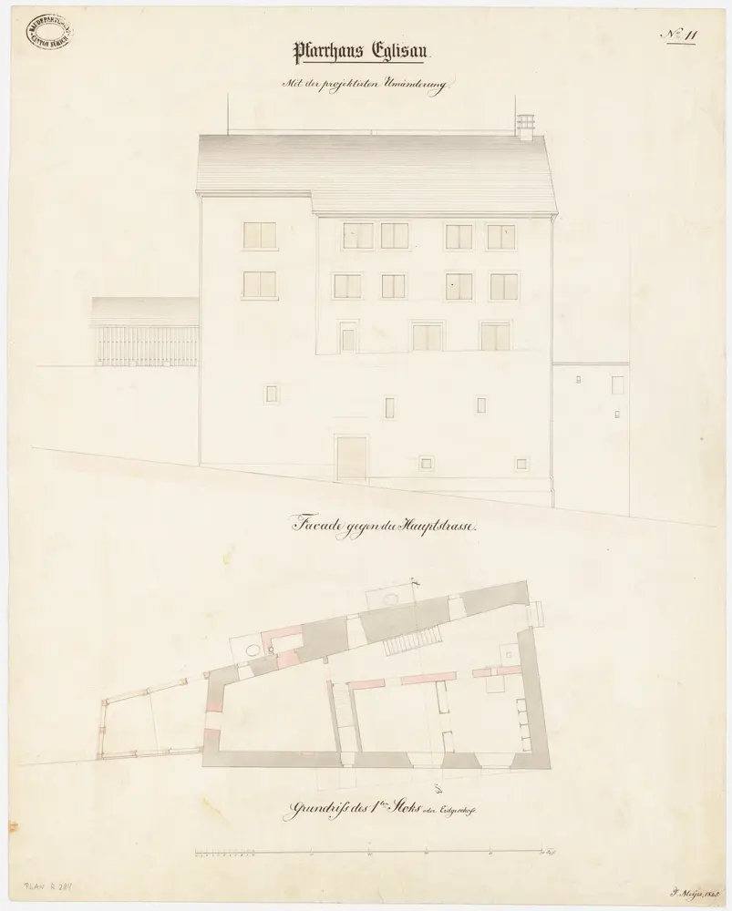 Eglisau: Pfarrhaus, projektierter Umbau; Südansicht und Grundriss des 1. Stocks (Nr. 11)