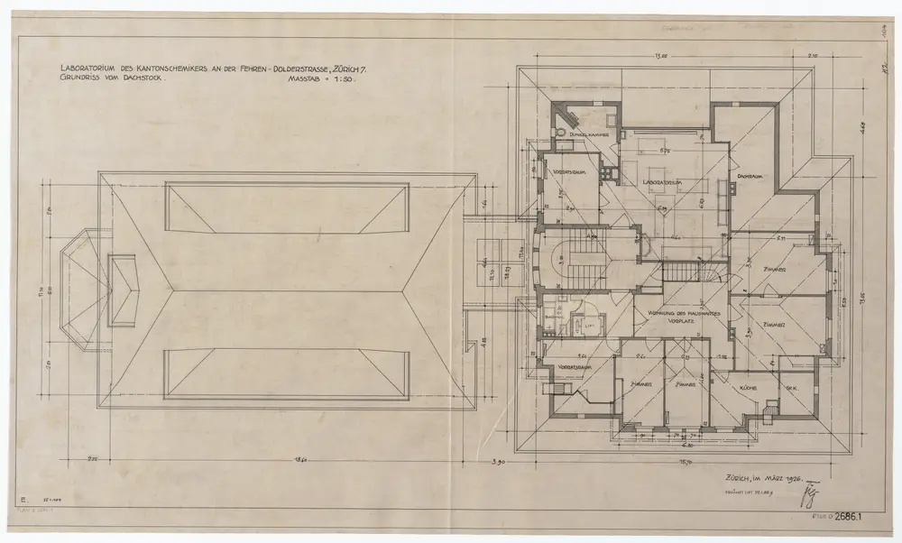 Laboratorium des Kantonschemikers, Fehrenstrasse 15: Grundrisse und Längsschnitt: Dachstock; Grundriss