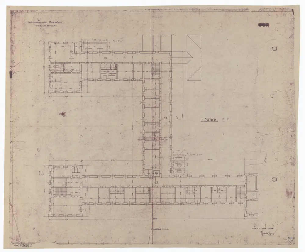 Irrenheilanstalt Burghölzli: Frauenabteilung, 1. Stock; Grundriss