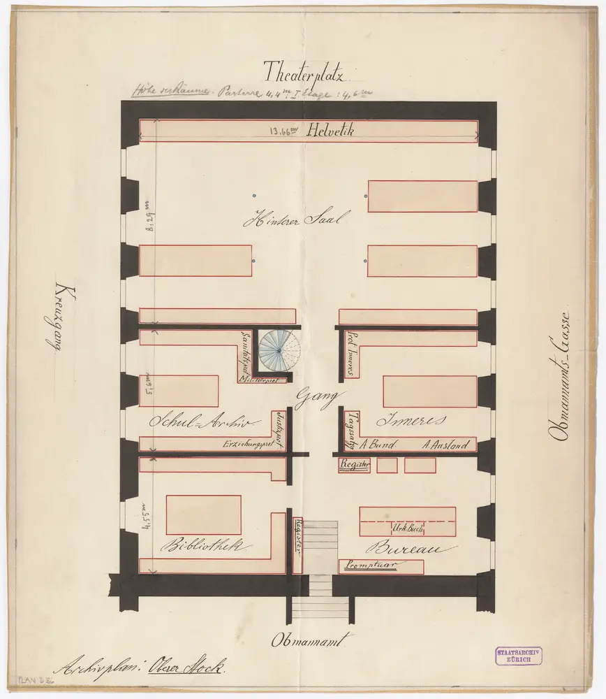 Staatsarchiv im Obmannamt: Westflügel; Oberer Stock mit Belegungsplan; Grundriss