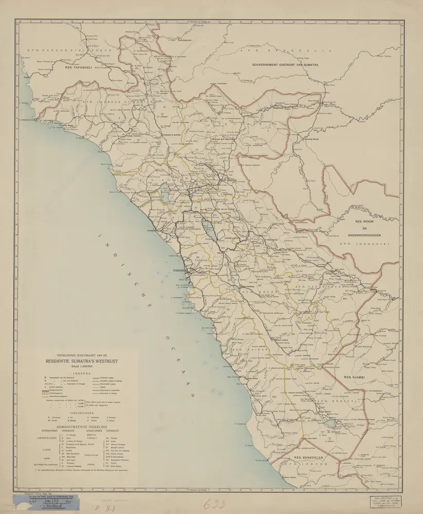 Voorloopige schetskaart van de residentie Sumatra's Westkust / Topographische Inrichting