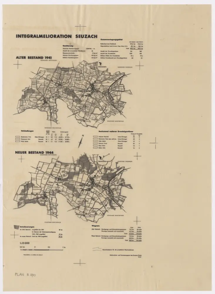 Seuzach: Integralmelioration, alter Bestand 1941 und neuer Bestand 1944; Übersichtsplan