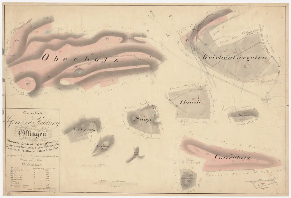 Ossingen: Gemeinde- und Staatswaldungen: Gemeindewaldungen Oberholz, Richenergeten (Reichentärgeten), Chastelholz (Castelholz), Hüsli (Häusli), Härdenbüel (Heerdenbühel), Dürnen (Türnen), Sangi, Grüenen (Grünen), Im Grüe, Schnäggenrain (Schneckenreihn); Grundrisse