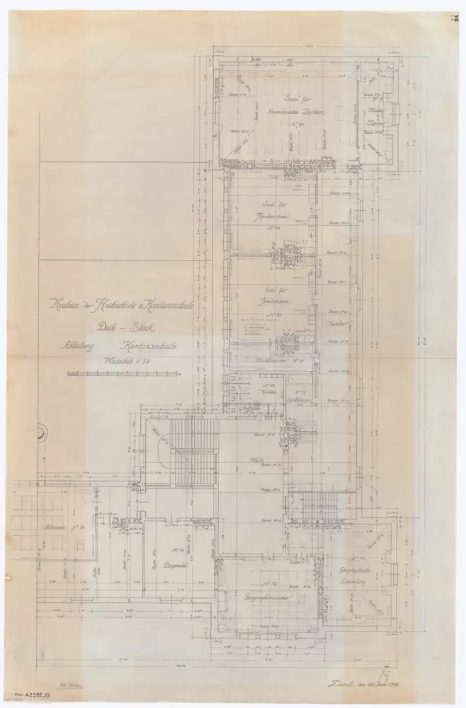 Universität Zürich (Chemisches Institut) und Kantonsschule Zürich, Neubau Rämistrasse 76: Grundrisse: Abteilung Kantonsschule, Dachstock; Grundriss