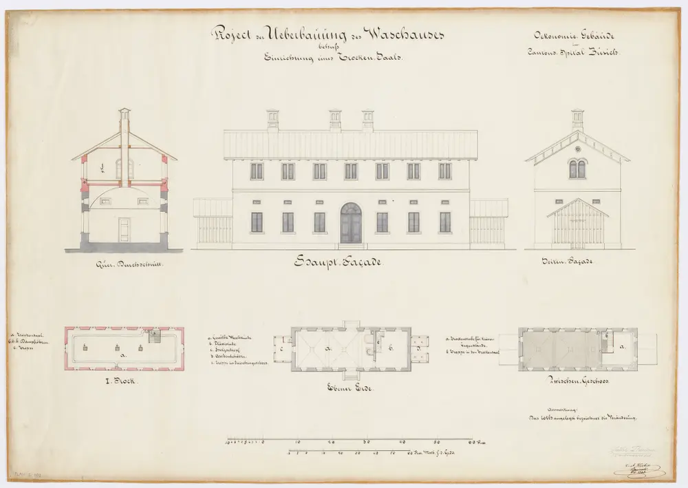 Fluntern: Kantonsspital, projektierte Überbauung des Waschhauses zwecks Einrichtung eines Trockensaals; Ansichten, Grundrisse und Schnitt