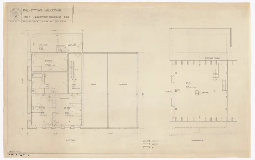 Volketswil: Polizeistation, 1. Stock und Dachstock: Variante 2; Grundrisse