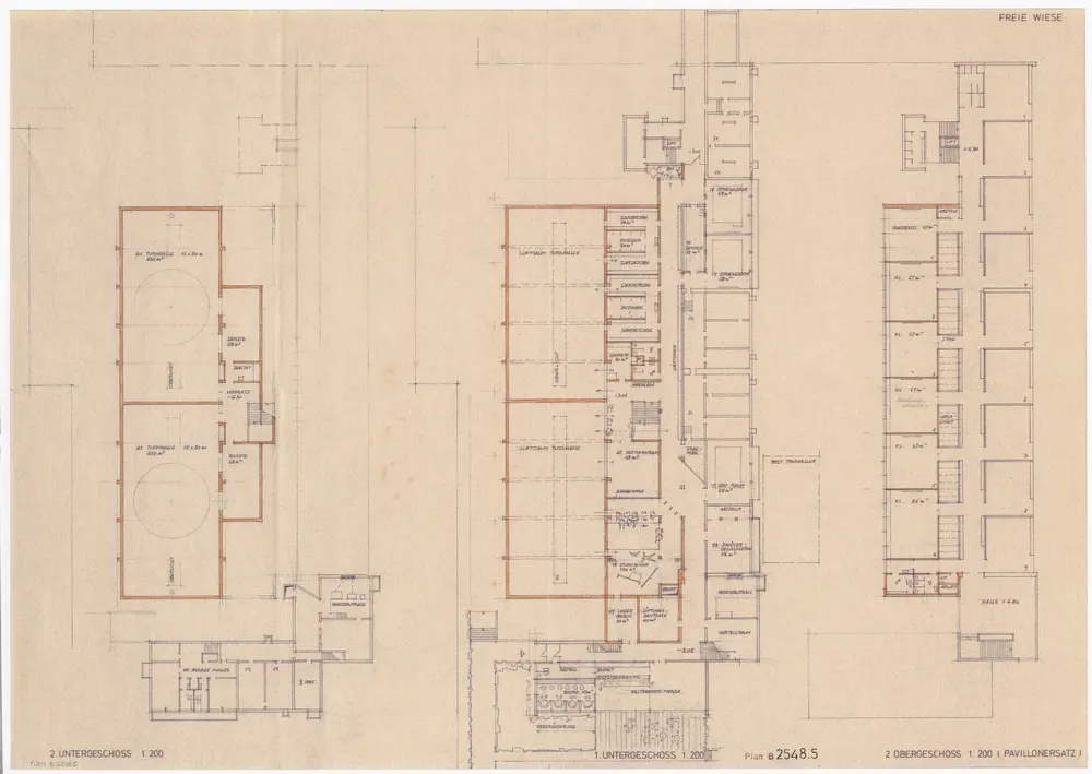 Wetzikon: Kantonsschule, Projekt Freie Wiese: 2. Untergeschoss, 1. Untergeschoss und 2. Stock; Grundrisse