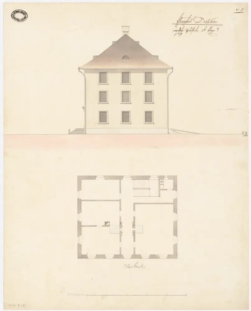 Dietikon: Pfarrhaus; Südansicht und Grundriss des 2. Stocks (Nr. 5)