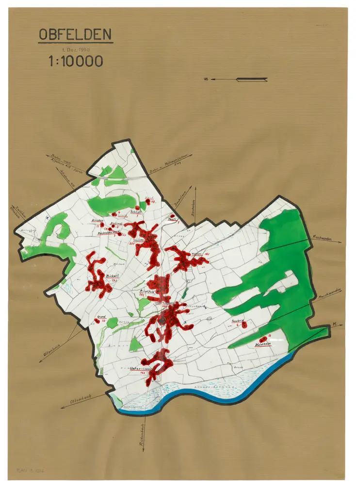 Obfelden: Definition der Siedlungen für die eidgenössische Volkszählung am 01.12.1950; Siedlungskarte