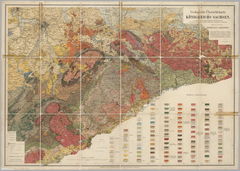 Geologische Übersichtskarte des Königreichs Sachsen / im Auftrag des Königlich Sächsischen Finanzministeriums nach den Ergebnissen der Königlich Sächsischen Geologischen Landesanstalt bearb. von deren Direktor Hermann Credner ; das Palaeozoicum des Vogtlandes dargest. von E. Zimmermann