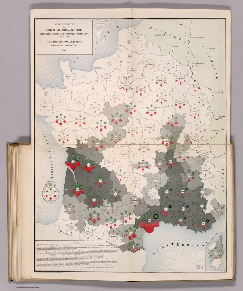 Carte Figurative de L'Invasion Phylloxerique L'Etendue des Vignobles et la Production des Vins de 1856 a 1880.