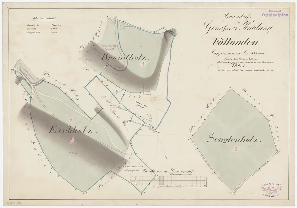 Fällanden: Gemeinde- und Genossenschaftswaldungen: Genossenschaftswaldungen Brandholz, Eichholz, Sängglen (Senglenholz); Grundrisse (Tab. 2)