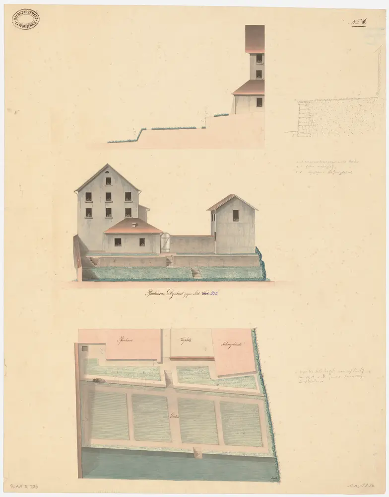 Dinhard: Pfarrhaus und Pfarrgarten; Südostansicht, Querschnitt und Grundriss (Nr. 6)