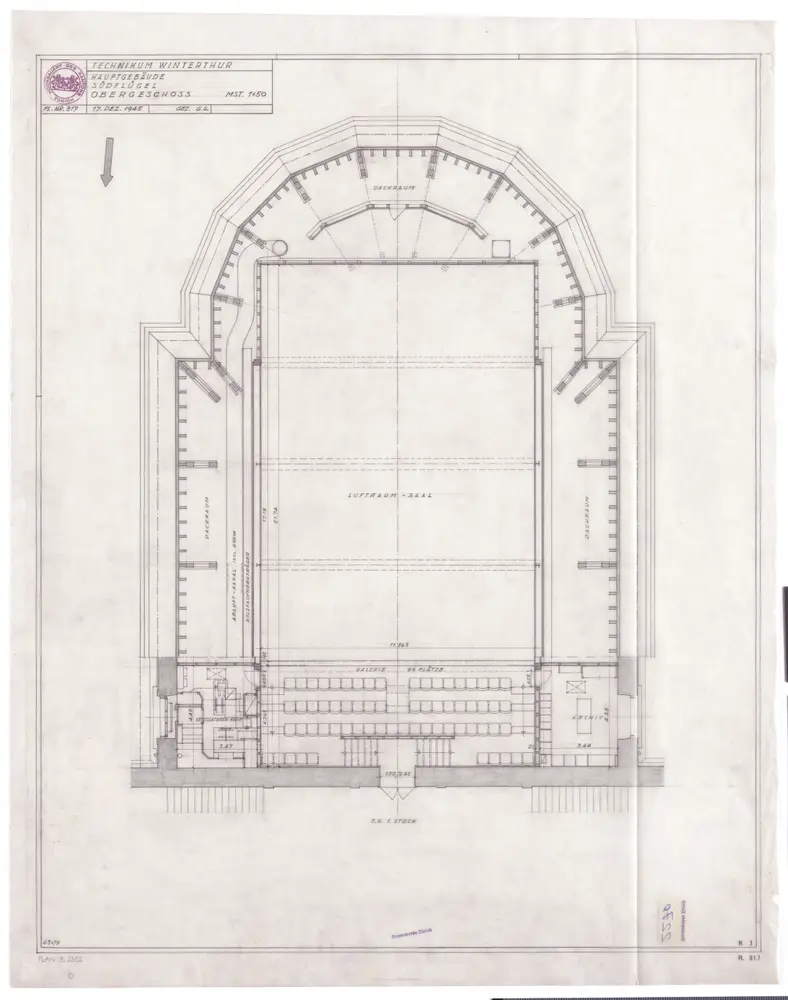 Winterthur: Technikum, Hauptgebäude, Südflügel, Obergeschoss; Grundriss (Nr. 817)