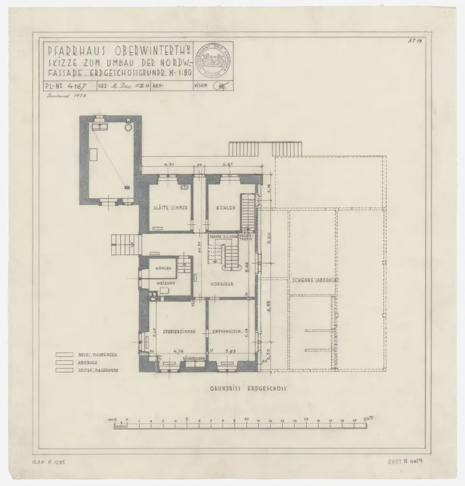 Oberwinterthur: Pfarrhaus, projektierter Umbau der Nordwestfassade, Erdgeschoss (Variante 1); Grundriss (Nr. 14)