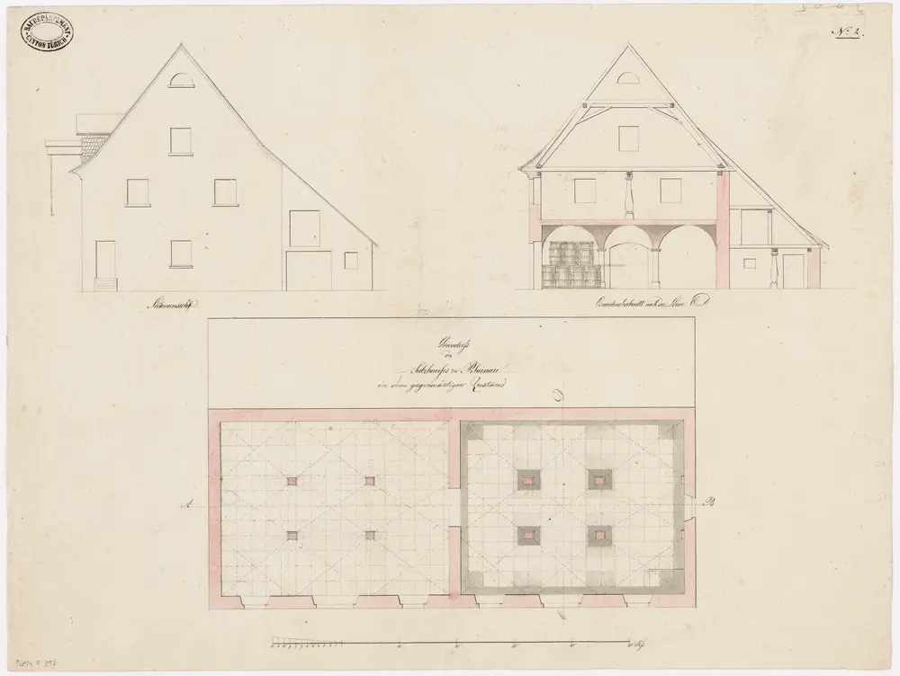 Gemeinde Rheinau: Salzhaus vor der projektierten Umänderung; Seitenansicht, Grundriss und Querschnitt