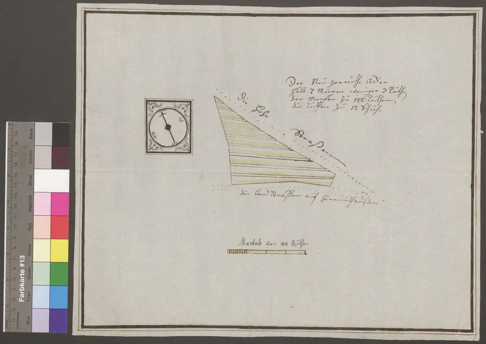 HZAN GA 100_Nr. 121_ : Hermuthausen (Kr. Künzelsau); "der Neugereutacker";ohne Verfasser;40 Ruten = 7,6 cm;38 x 31 cm; Norden nach links;Papier; Federzeichnung; Flurstücke in Wasserfarben.