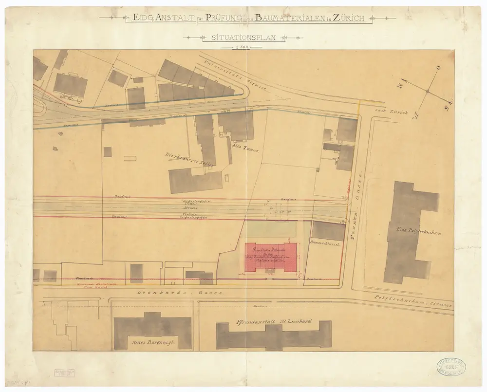 Eidgenössische Anstalt zur Prüfung von Baumaterialien, Leonhardsgasse und Tannengasse: Projektiertes Gebäude mit den umliegenden Gebäuden; Situationsplan