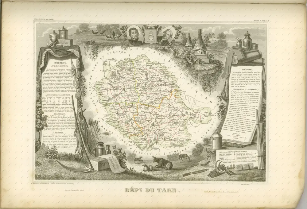 mapa z atlasu "Atlas National Illustré des 86 Départements et des Possessions de la France Divisé par Arrondissements, Cantons et Communes, avec le tracé de toutes les routes, chemins de fer et canaux"