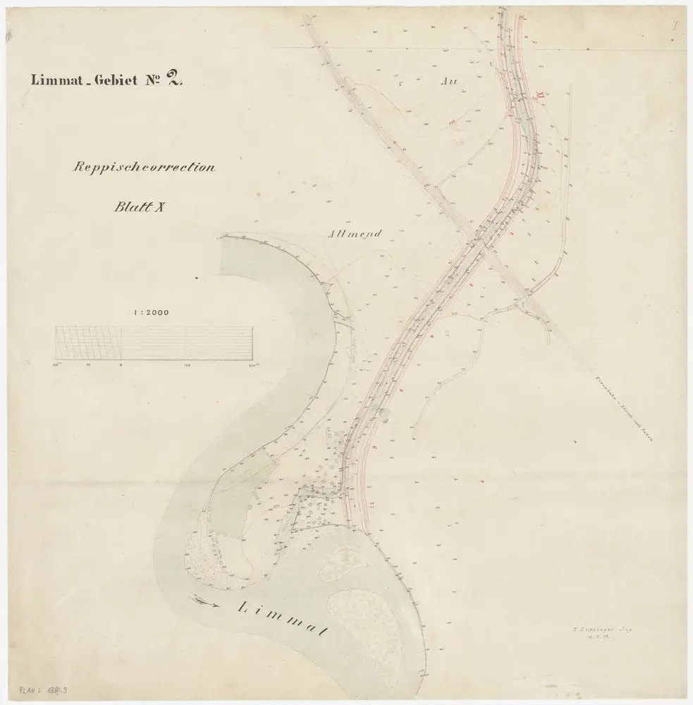 Birmensdorf bis Dietikon: Von oberhalb Landikon bis zur Einmündung in die Limmat, Reppischkorrektion: Blatt X: Dietikon: Bei der Allmend; Situationsplan (Limmat-Gebiet Nr. 2)