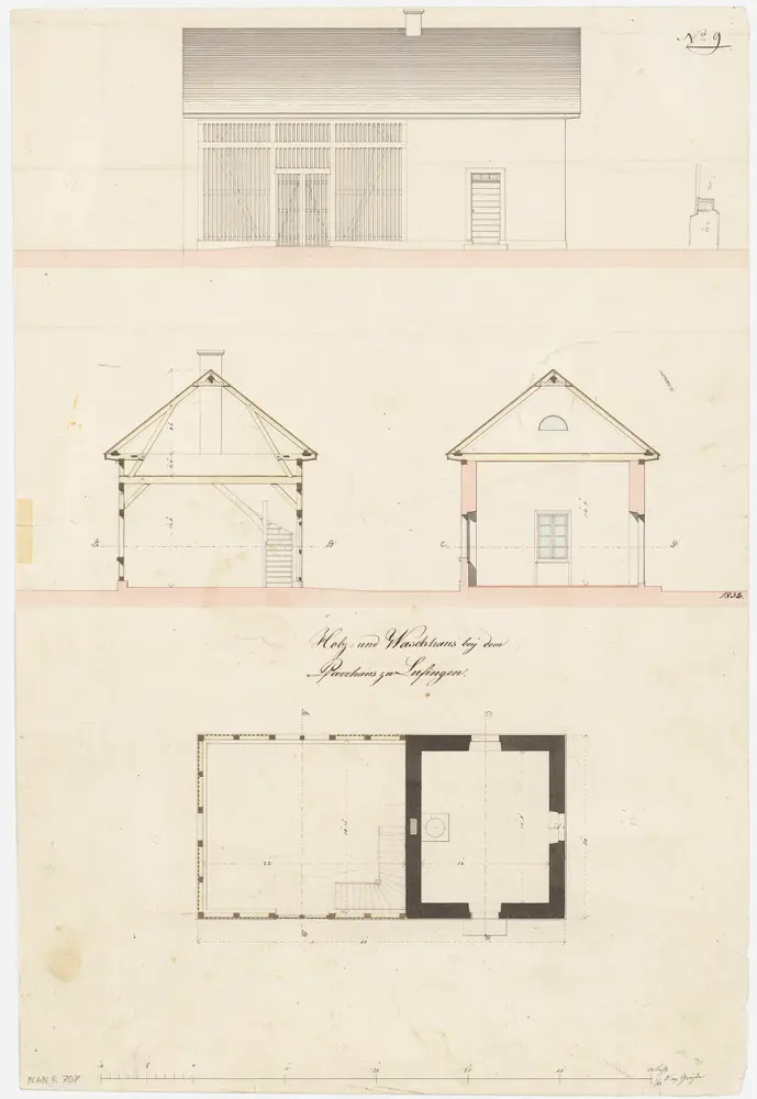 Lufingen: Waschhaus und Holzschuppen; Grundriss, Ansicht und Querschnitte (Nr. 9)