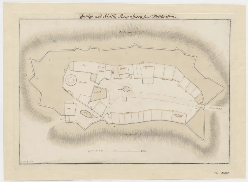 Regensberg: Städtchen und Schloss mit Befestigungen; Grundriss