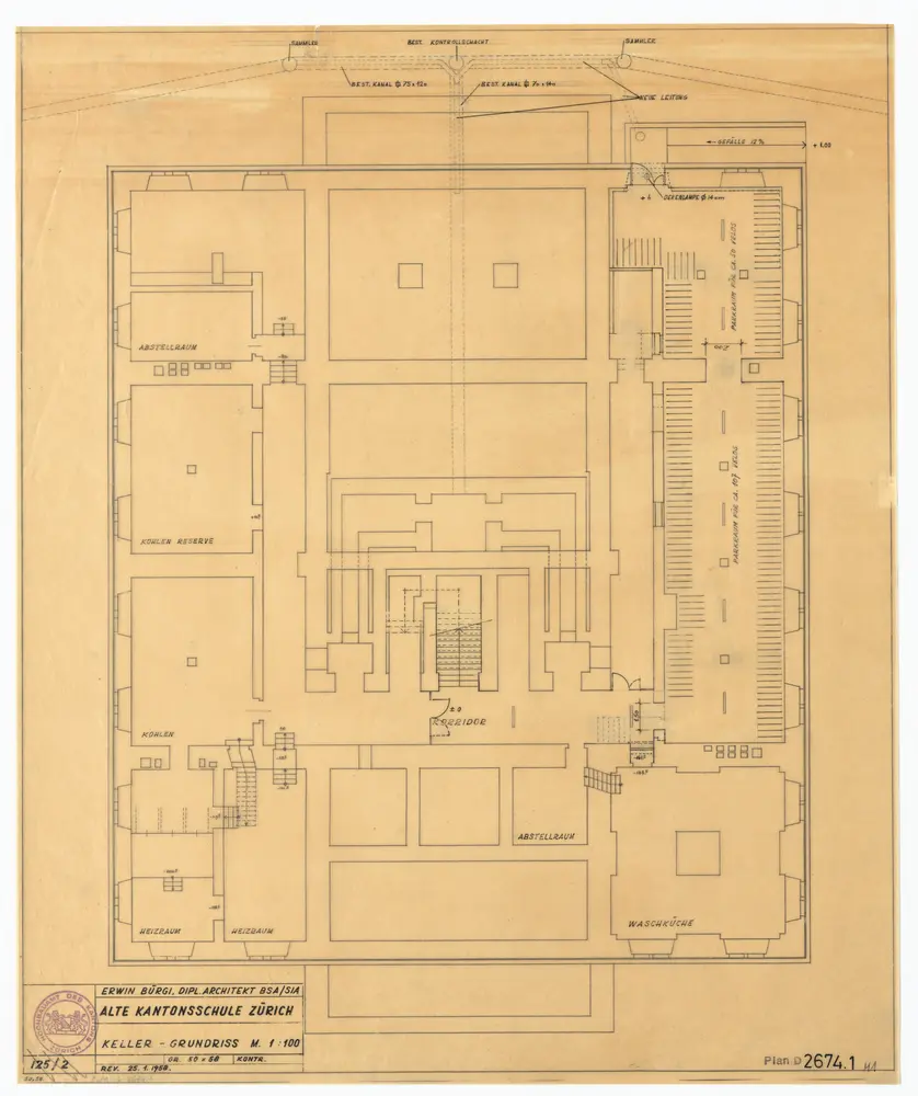 Realgymnasium, Rämistrasse 59: Grundriss und Schnitte: Keller; Grundriss