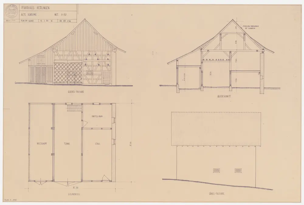 Hettlingen: Alte Scheune; Grundriss, Ansichten und Querschnitt