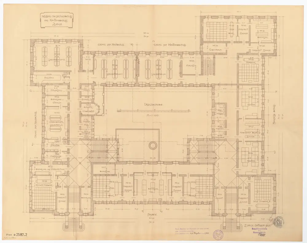 Universität Zürich (Chemisches Institut) und Kantonsschule Zürich, Neubau Rämistrasse 76: Ansichten, Grundriss und Schnitte: Erdgeschoss; Grundriss