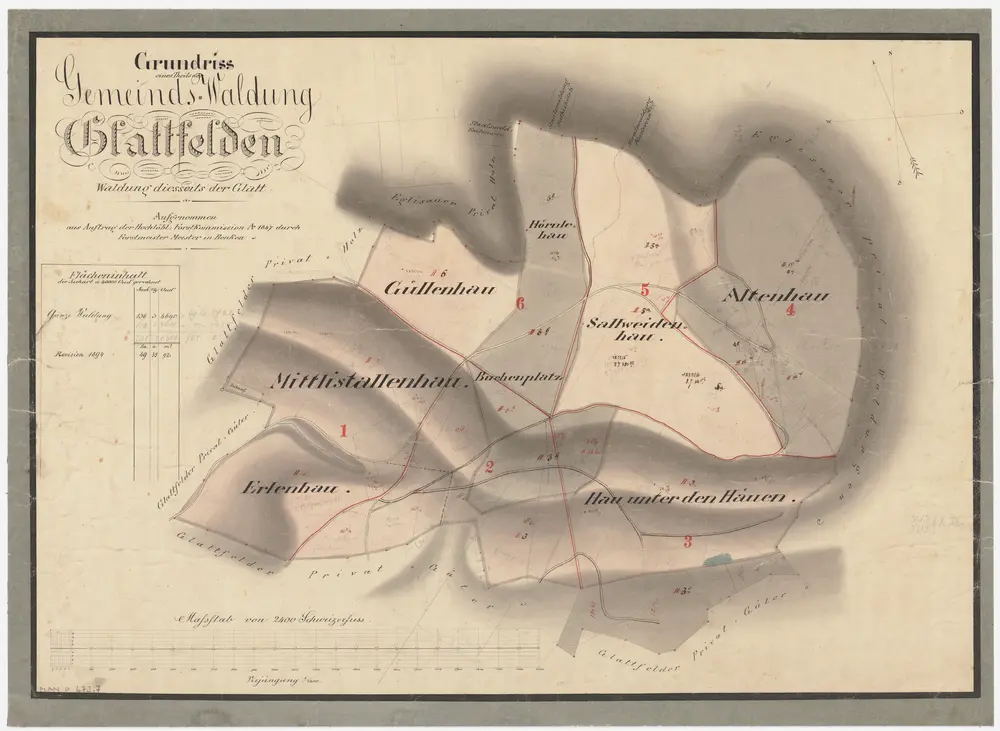 Glattfelden: Gemeindewaldung: Erlihau (Erlenhau), Mittlenstalenhau (Mittlistahlenhau), Hau unter den Häuen, Güllenhau, Hörnlehau, Buechenplatz (Buchenplatz), Salwidenhau (Sallweidenhau), Altenhau; Grundriss