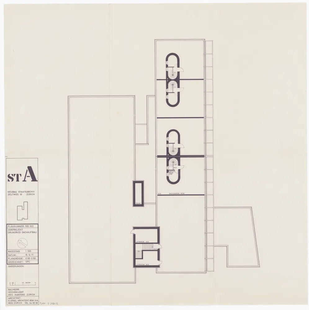 Staatsarchiv des Kantons Zürich, projektierter Neubau zwischen Zeltweg, Wettingerwies und Promenadengasse: Vorprojekt: Dachaufbau; Grundriss